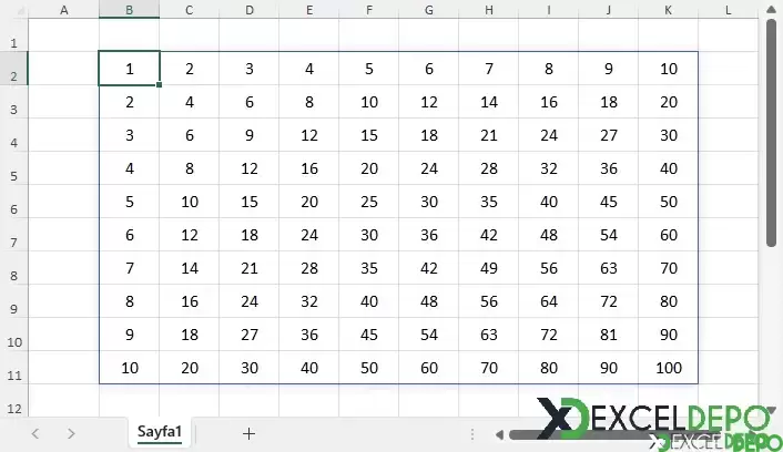 Tek Formül ile Çarpım Tablosu Oluşturma